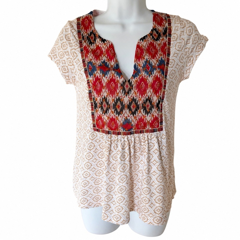 Anthropologie Akemi + Kin‎ Women Boho Tribal Geometric Cap Sleeve Top Red Small